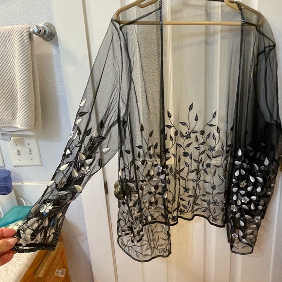 2pc Size Me Up 1X silver sparkle sheath dress and sheer black jacket embroidered - Picture 8 of 14